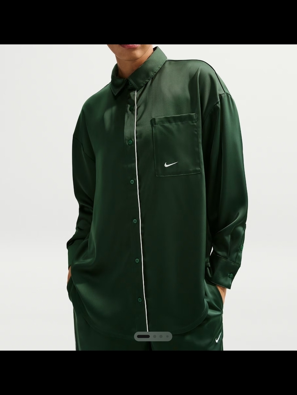 Brand New Nike Womens Oversized Dark Green Satin Button-Up Shirt